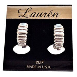 Lauren Rib Lined Band Clip On Earrings 5/8" Silver Tone Vintage Curved Bands